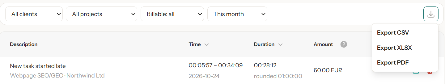 The Detailed report's filter bar — All clients, All projects, Billable: all, This month — with the download icon at its right end open, showing Export CSV, Export XLSX and Export PDF.