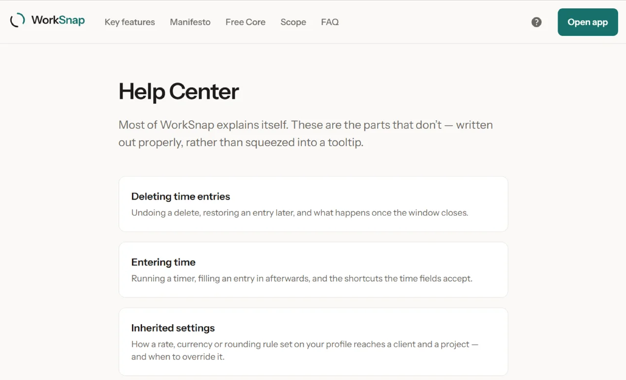 The Help Center index, with articles on deleting time entries, entering time and inherited settings