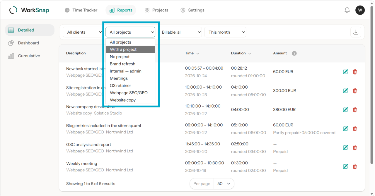 The project filter in Reports, opened: All projects, With a project and No project above the list of projects